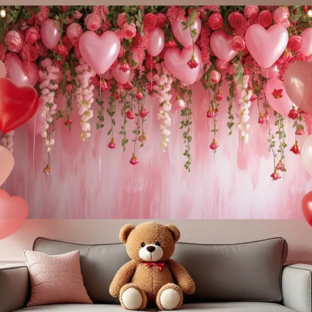 Pink Heart Balloon Floral Love Party Backdrop Tapestry 90x70 NEW V9
